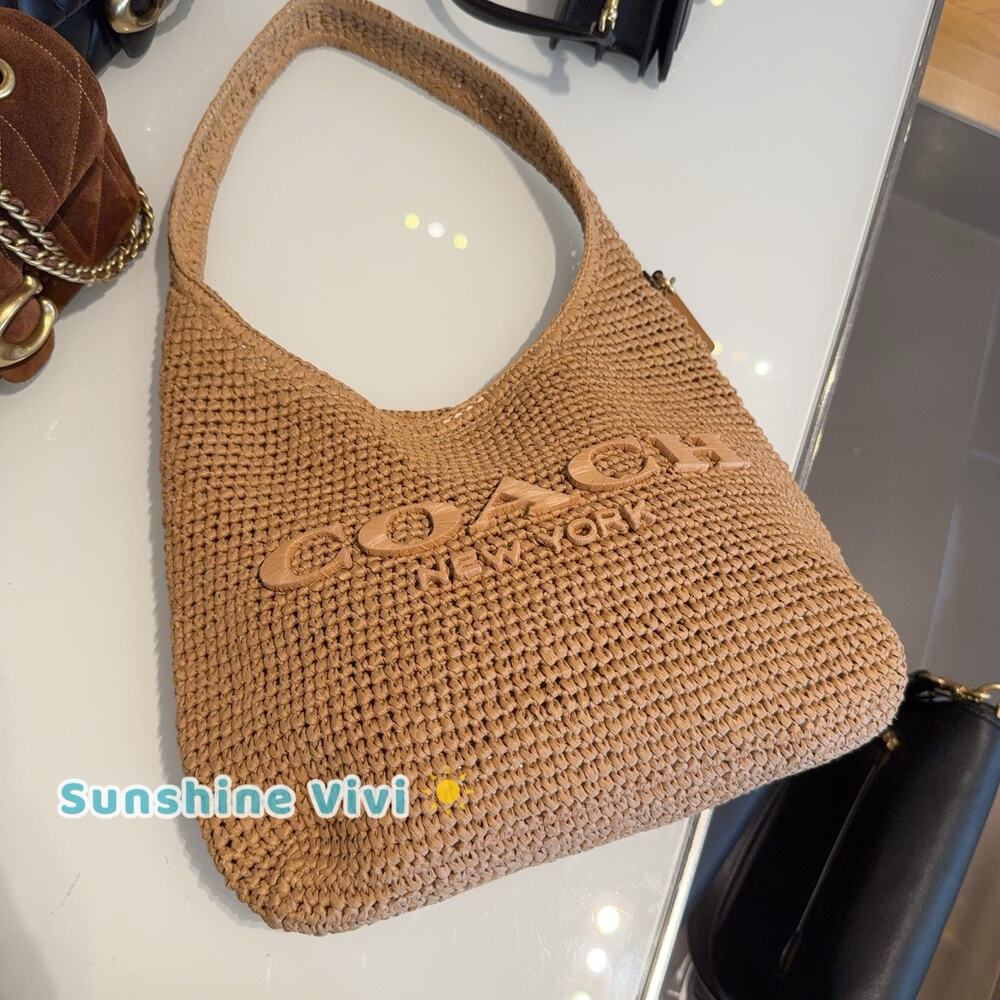 NWT COACH Brooklyn 28 Straw Shoulder Bag CDU75 Handbag Brass/Natural